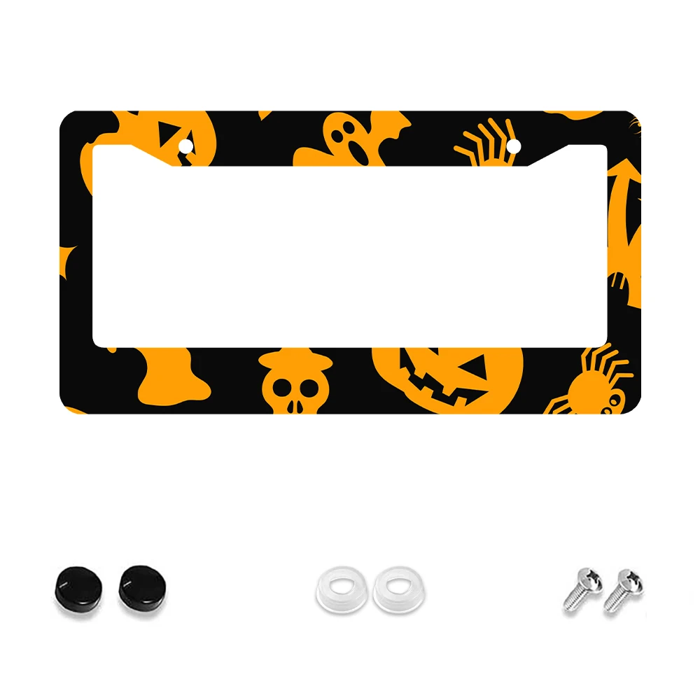 

1 шт. черный и оранжевый Хэллоуин тыква призрак паук 2 отверстия рамка номерного знака алюминиевый материал 6x12 дюймов с набором винтов весело