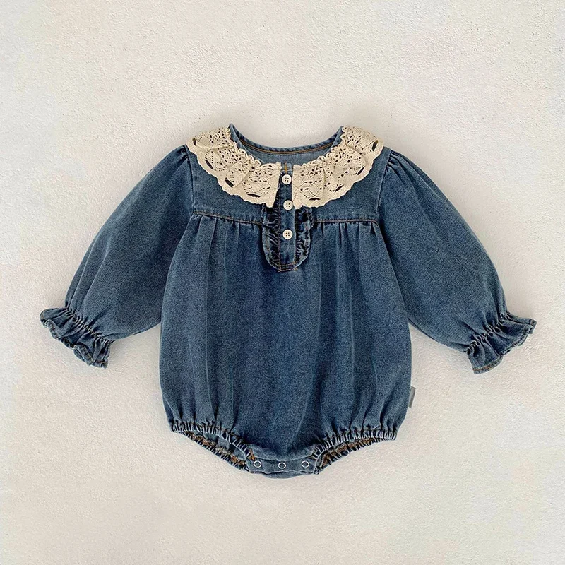 2026 New Spring Newborn Baby Girls Bodysuits Long Sleeved Denim Lace Splice Infant Baby Girls Jumpsuit 0-24M Children Clothes