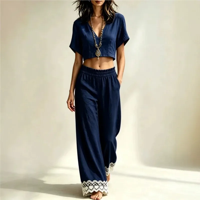 2026 New Summer Pants Set Solid Color Casual V-neck Versatile Unique Niche Fashionable Comfortable Top Lace Wide Legs Pants Set