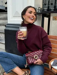 HH Autumn Winter Women Elegant Burgundy Turtleneck Sweater Loose Casual Long Sleeve Knitted Pullover Solid Basic Chic Top