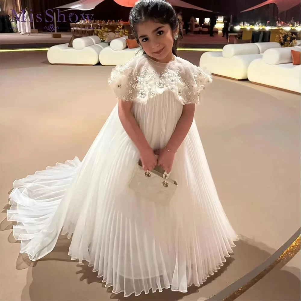 Custom White Flower Girl Dress for Wedding Floral Appliques Pleated Tulle Train Princess Birthday Party 1st Holy Communion Gown