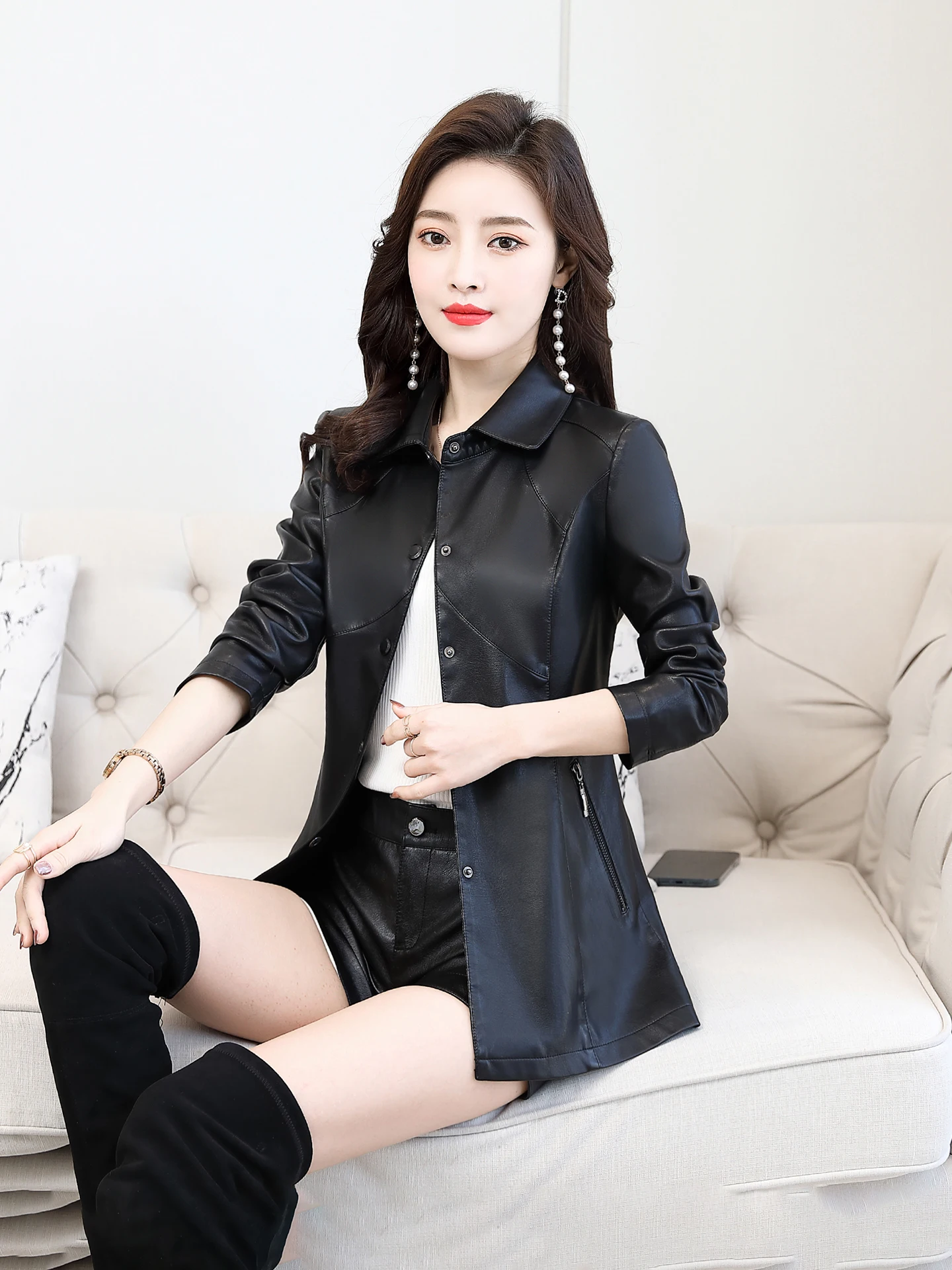 

Лидер продаж: Женская приталенная кожаная куртка из овчины больших размеров, повседневная, с длинными рукавами, на молнии, из Хайнина