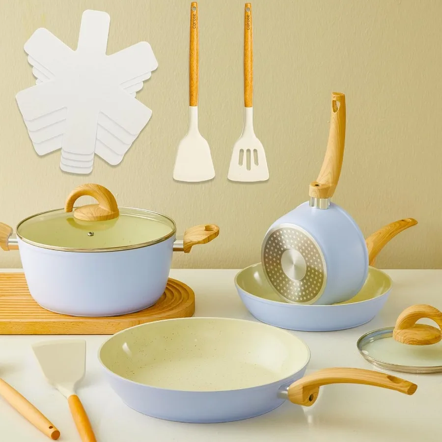 

Blue Non Stick Pots and Pans Set for Healthy Cooking 12Piece Ceramic Cookware Set with PFASFree Coating Includes Frying Sauce S