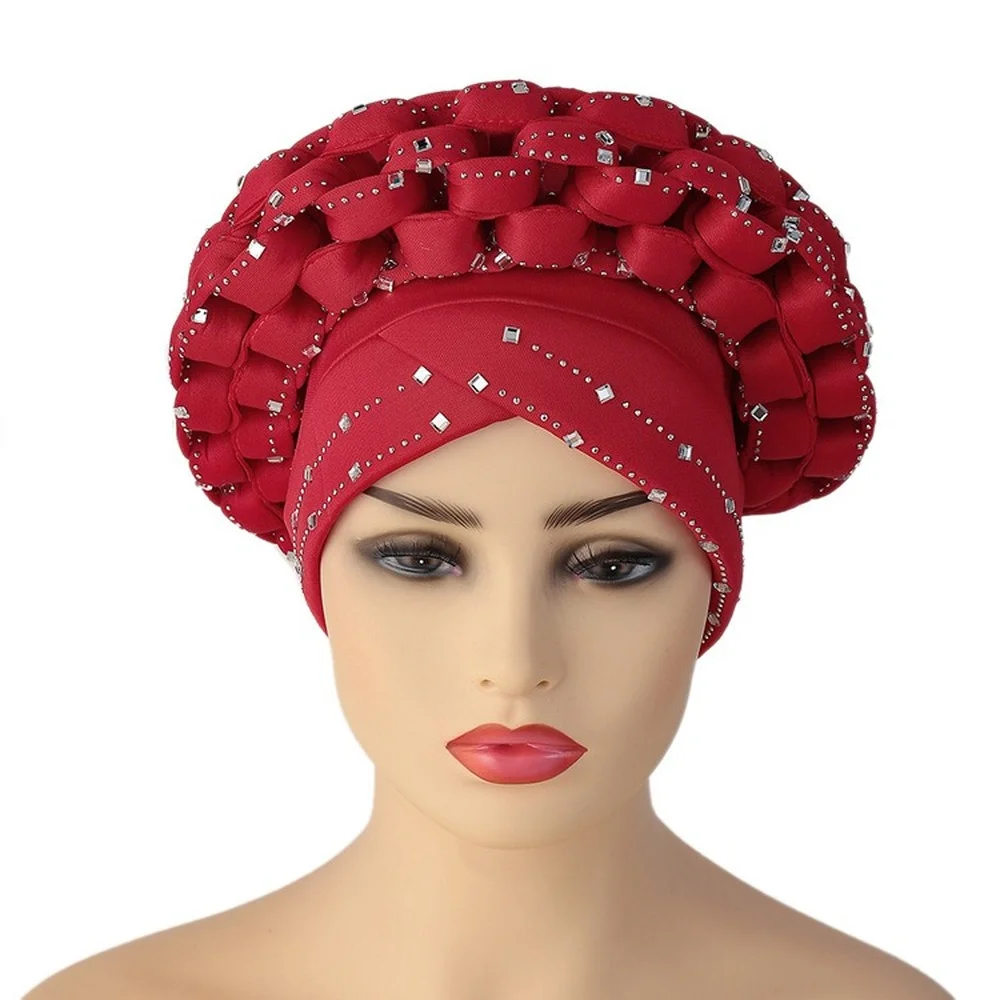 Inlaid with Diamonds African Pattern Pre-Tied Bonnet Turban Knot Cap Headwrap Hat Auto Gele Robe Africaine Aso Oke Ready To Wear