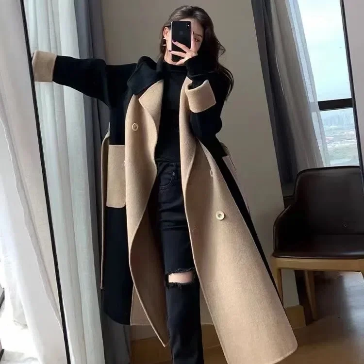 Winter Women's Woolen Coat Color Block Elegant Slimming Loose-fit Double-sided Fleece Lined Long Jacket