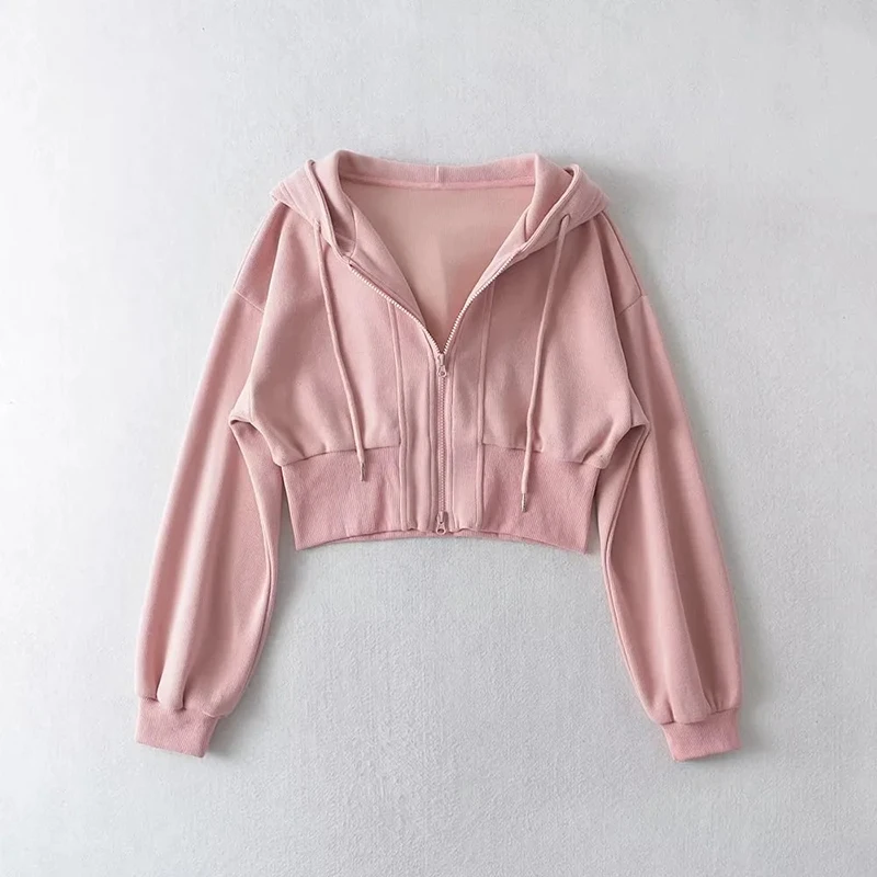 Women Cropped Hoodie Two Way Zipper Jacket Drawstring Hem Sweatshirt Slim Fit Long Sleeve Grey Athletic Yoga Gym Running Top