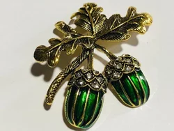 Vintage Style Crystal & Green Enamel Acorn Oak Leaf Brooch Shawl Pin Jewellery Enamel Pin