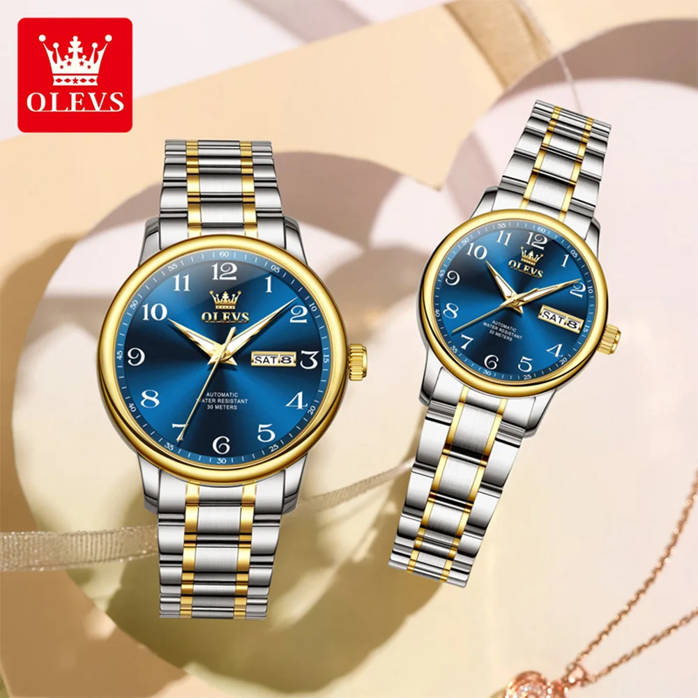 ساعات أوتوماتيكية OLEVS 7072 للرجال والنساء من الفولاذ المقاوم للصدأ مقاومة للماء بتقويم مزدوج وساعة يد ميكانيكية مضيئة للزوجين
