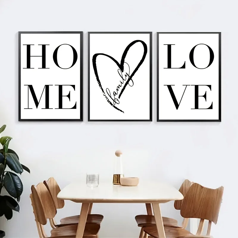 3pcs Scandinavian Home Love Poster - Black and White Canvas Painting for Nordic Decor and Living Room Wall Art (No Frame)