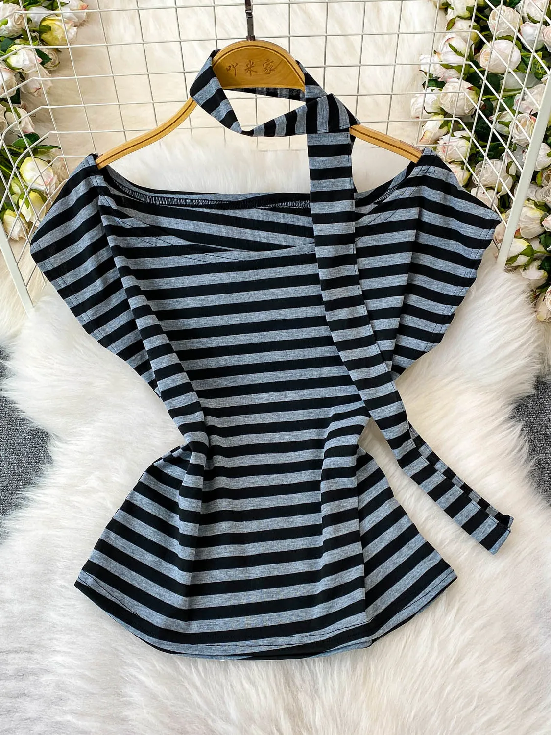 Chic Striped One-oulder T-irt Women Summer Design Loose Slimming Top  Knot Trendy Streetwear Korean Sle ort ...