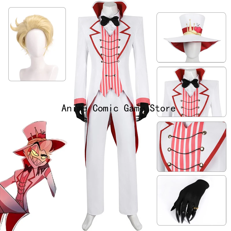 In Stock  XS-2XL Lucifer Hazbin Cosplay Costume Wig Hat Ring Anime Uniform Jacket Pants Gloves Halloween Party Outfits for Men