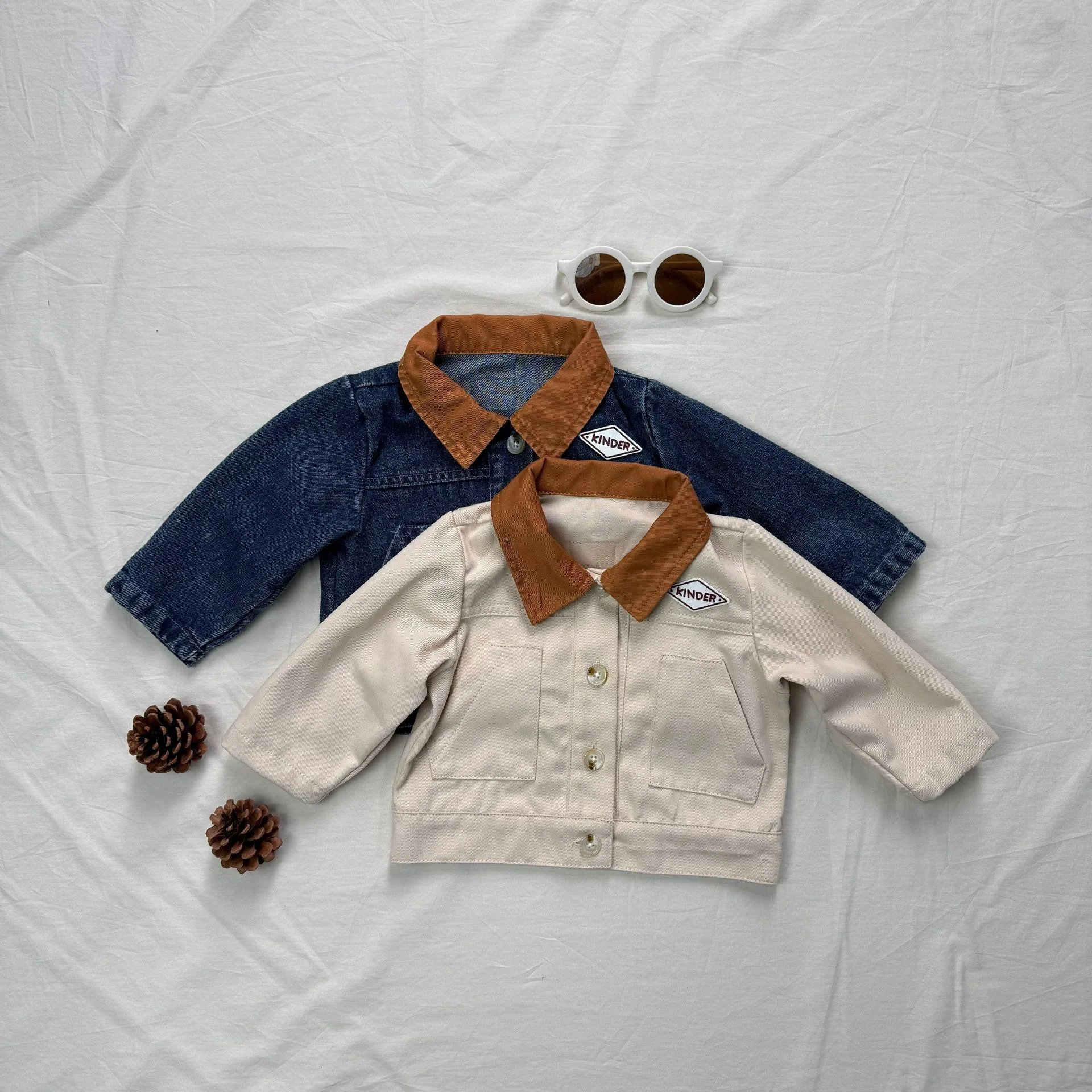 

Korean Version Instagram New Spring Autumn Style Long Sleeved Denim Collar Jacket with Patchwork Collar Top for Boys and Girls