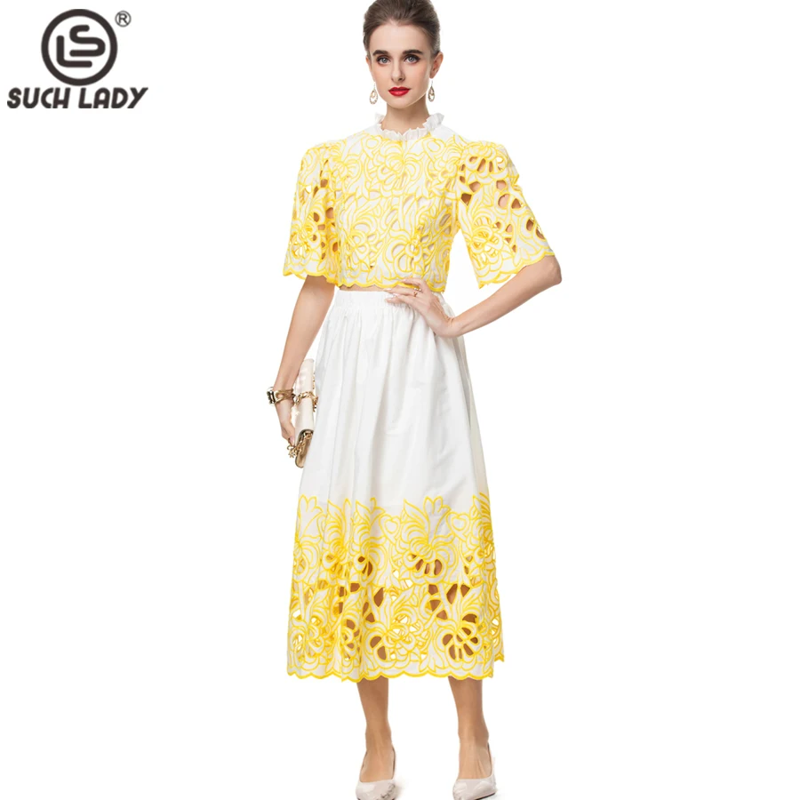 Women's Two Piece Dress Sets O Neck Short Sleeves Hollow Out Elegant Color Block Twinsets