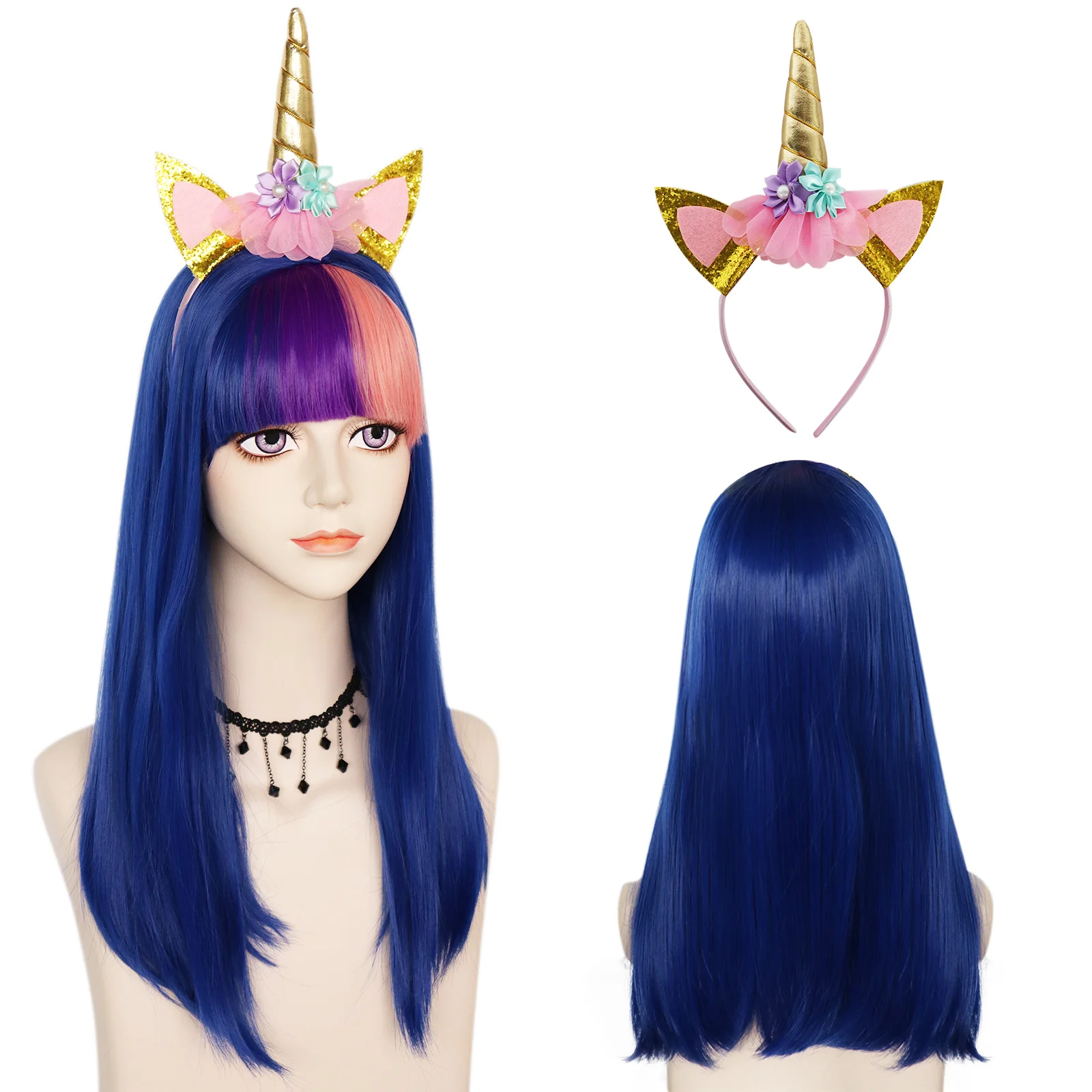 

Ebingoo Synthetic Wig My Little Pony Unicorn Twilight Sparkle Long Straight Royal Blue Cosplay Wig with Rainbow Bangs+Headwear