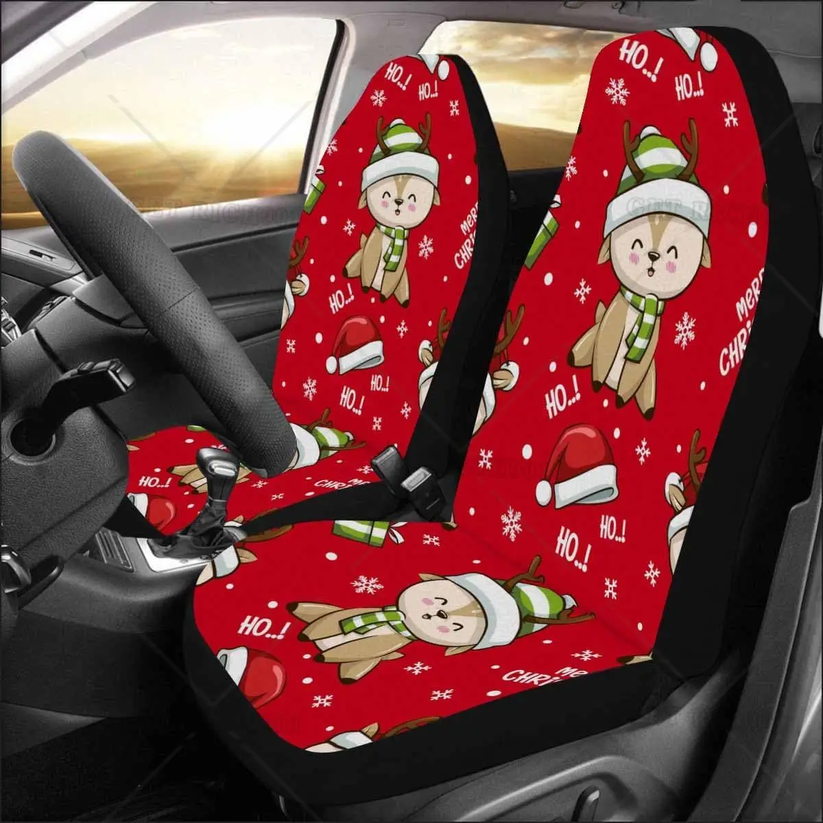 Santa Hat Pattern with Deer Santa Cute Cartoon Car Seat Covers Set of 2 Anti-Slip Bright Removable Cover Set Cute Car Accessorie