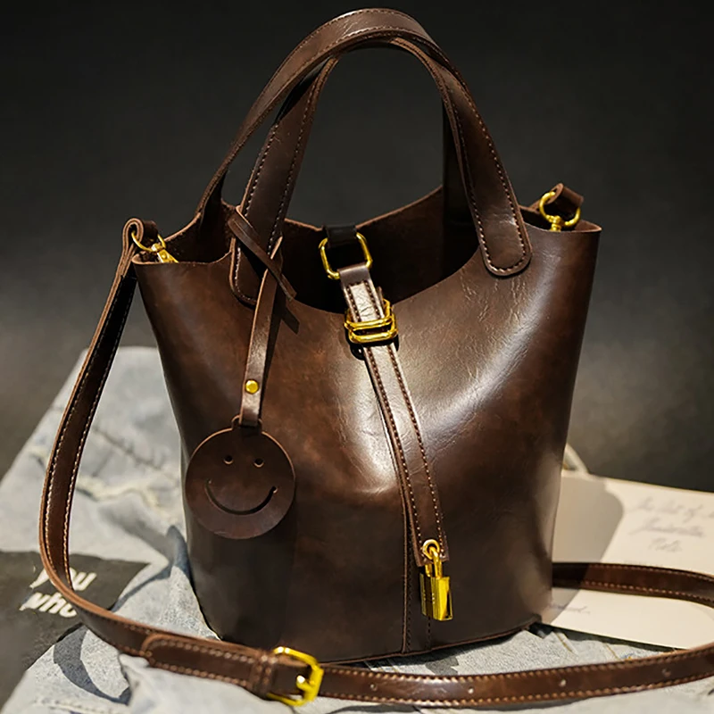 

Retro Handbag Basket Bag Fashion Pu Bucket Bag Women'S Casual Crossbody Bag Black Shoulder Bag With Small Bag