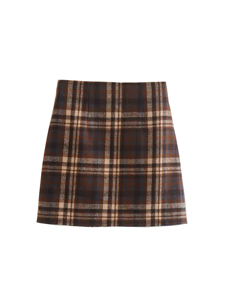 

TRAFZA Fashionable High Waist Chic Back Zipper Decorated Women's Street Mini Skirt Retro Plaid Women's Autumn Slim Skirt Y2K