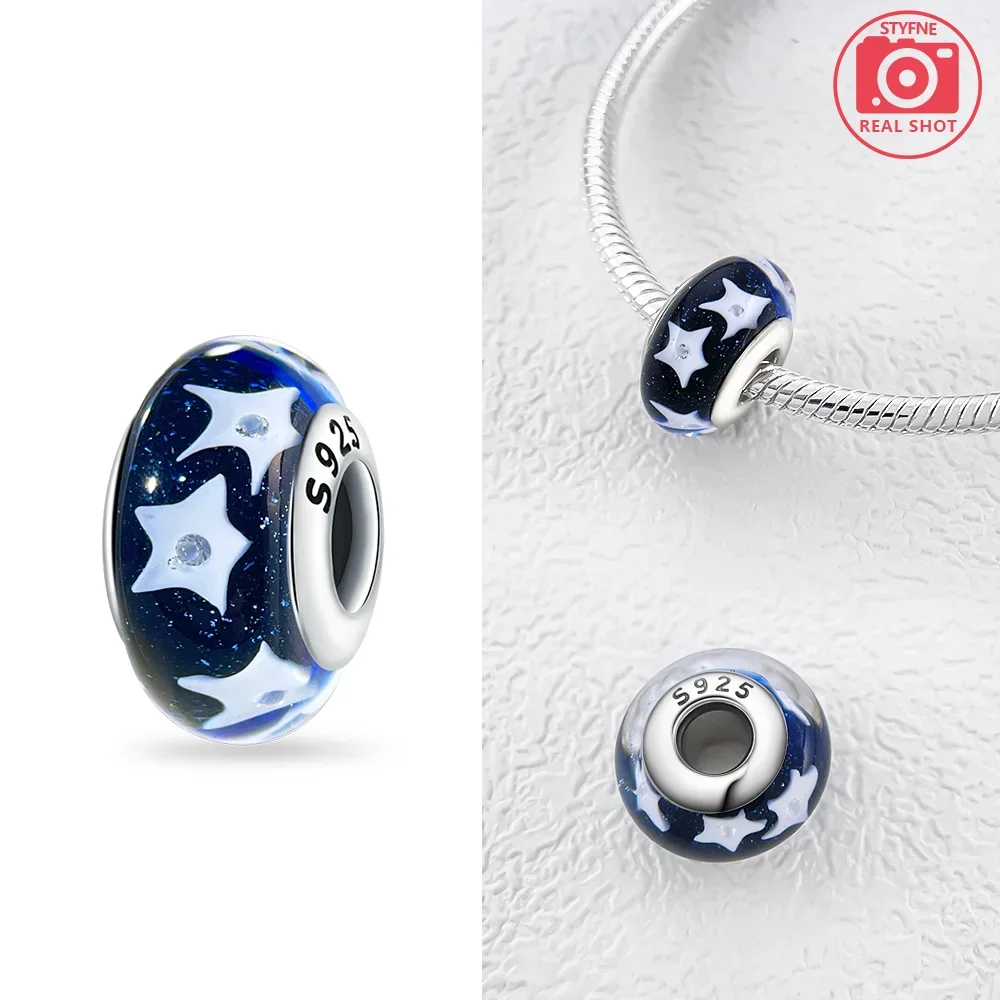 Original S925 Silver Murano Glass Charms Floral Snowman Glitter Round Beads Fit Snake Bracelet  Glass Jewelry Gifts for Women