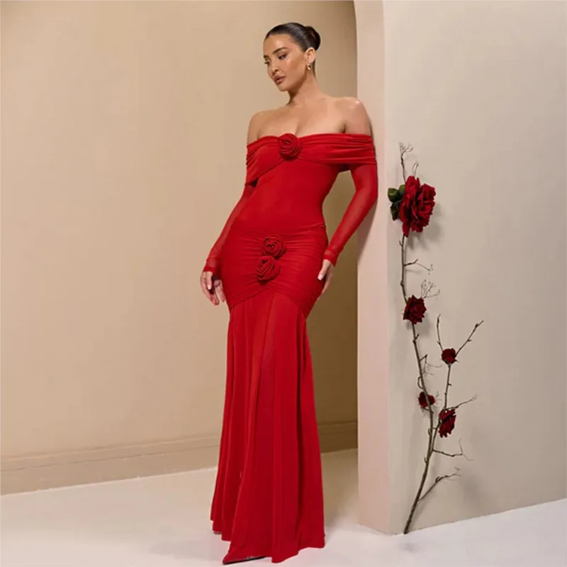

Sexy Folds Backless Rose 3D Long Dress 2025 Fashion Elegant Long Sleeve Off-Shoulder Vestidos Bodycon Club Party Evening Dresses