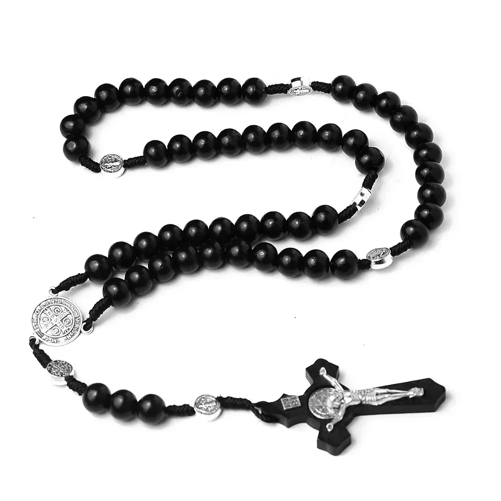 Catholic Wood Beaded Rosary Necklaces For Women Christian INRI Crucifix Cross Pendant Long Chain Men Religion Prayer Jewelry