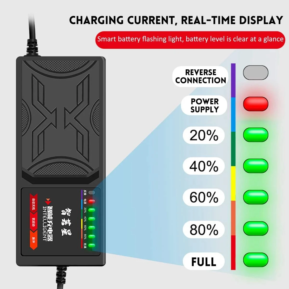 Carregador De Veículo Elétrico Com Exibição De 7 Luzes, Exibição De Potência, Proteção Contra Vazamento De Corrente, Pulso Total, Plugue EU, 48V, 20Ah