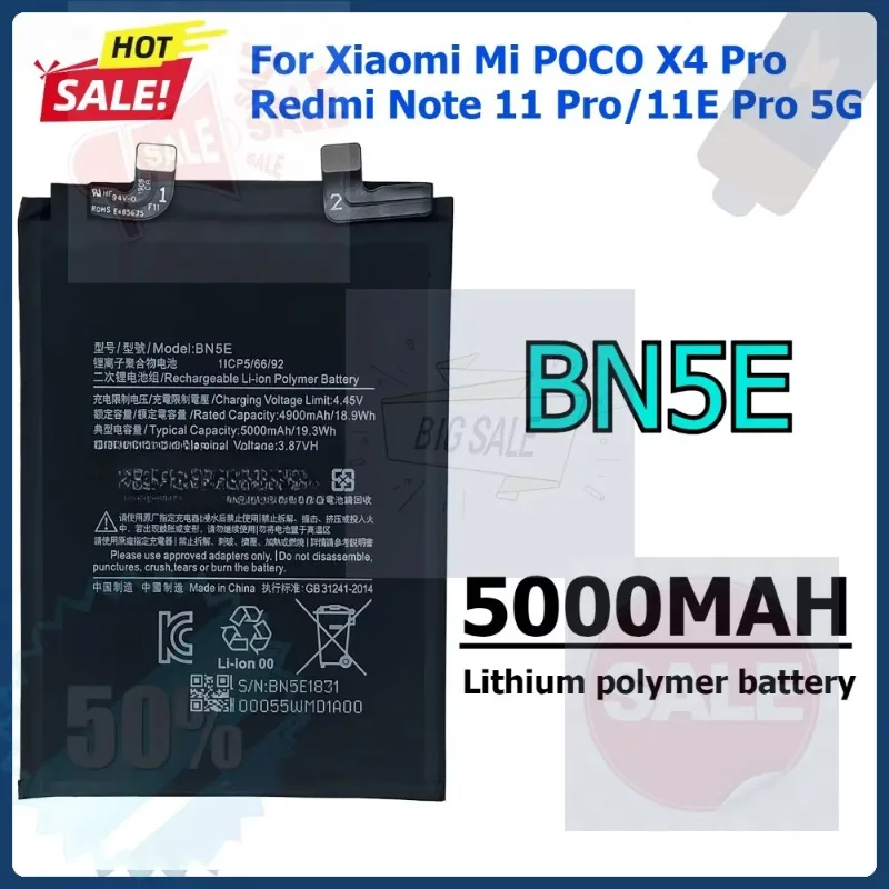 SWZY New BN5E Phone Battery For Xiaomi Mi POCO X4 Pro Redmi Note 11 Pro / 11E Pro 5G Phone Battery Bateria 5000mAh High Capacity