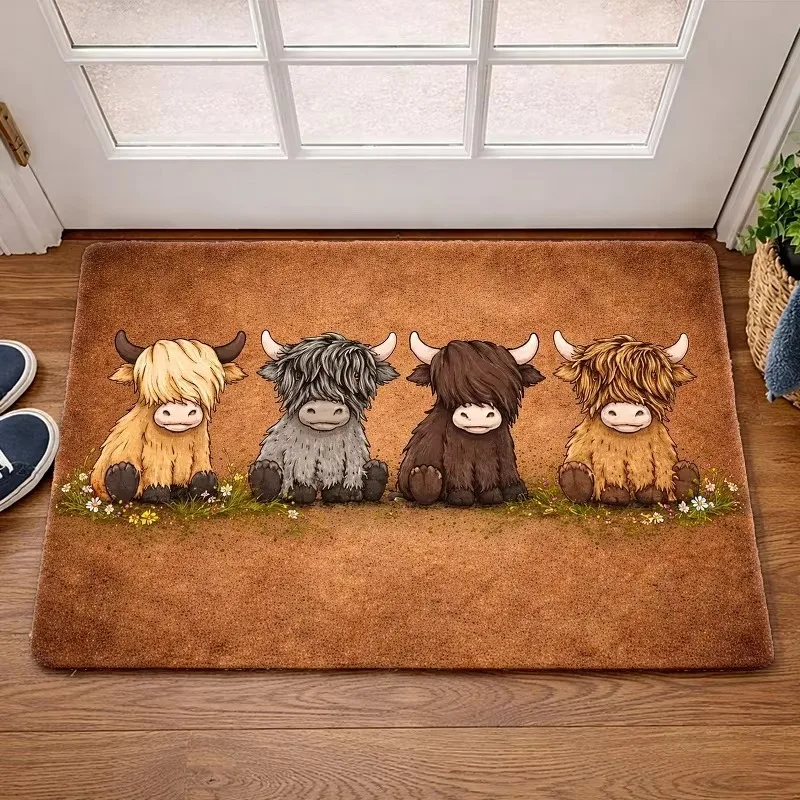 Entrance Door Mat Four Highland Cows Cartoon Grass Flower Print Non Slip Mat for Front Door Porch Farmhouse Decor