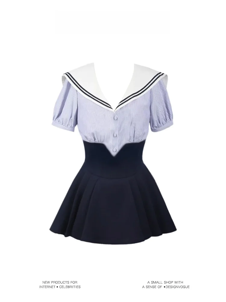 

plus Size Women's Summer irt And Skirt Set Naval Collar Patchwork Striped Slimming A-Line Skirt ort Sve Button up