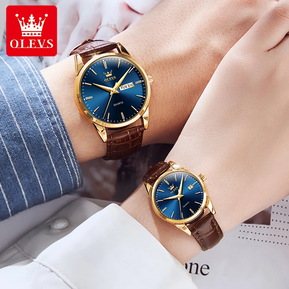 OLEVS 6898 Couple Quartz Watch Fashion High Quality Waterproof Leather Strap Top Luxury Brand Men's and Women's Couple Set Watch