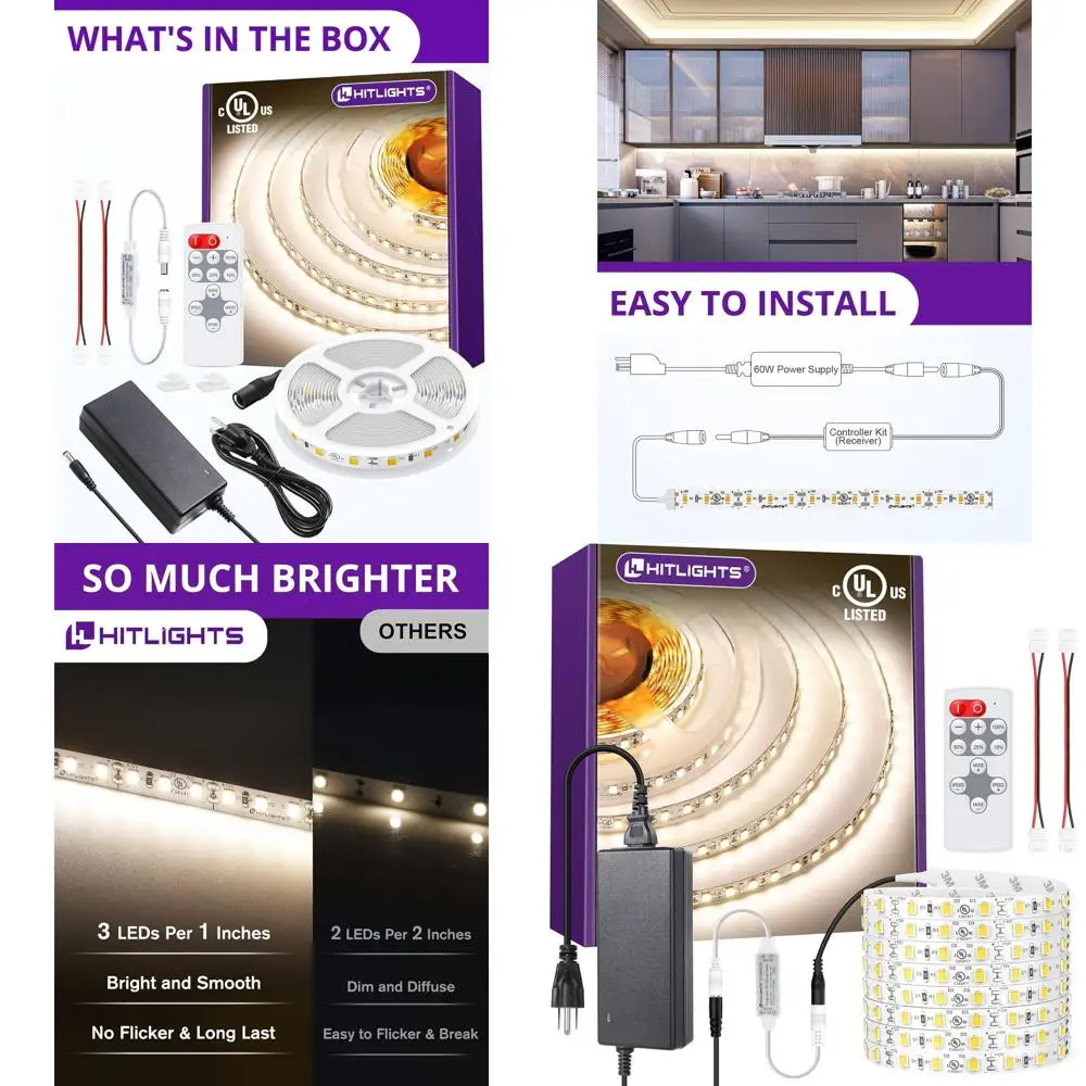 16,4ft 12V dimbare LED-stripverlichtingsset met hoge dichtheid en afstandsbediening, 4000K, 600 LED's, 300Lm/ft, UL-gecertificeerd voor woondecoratie