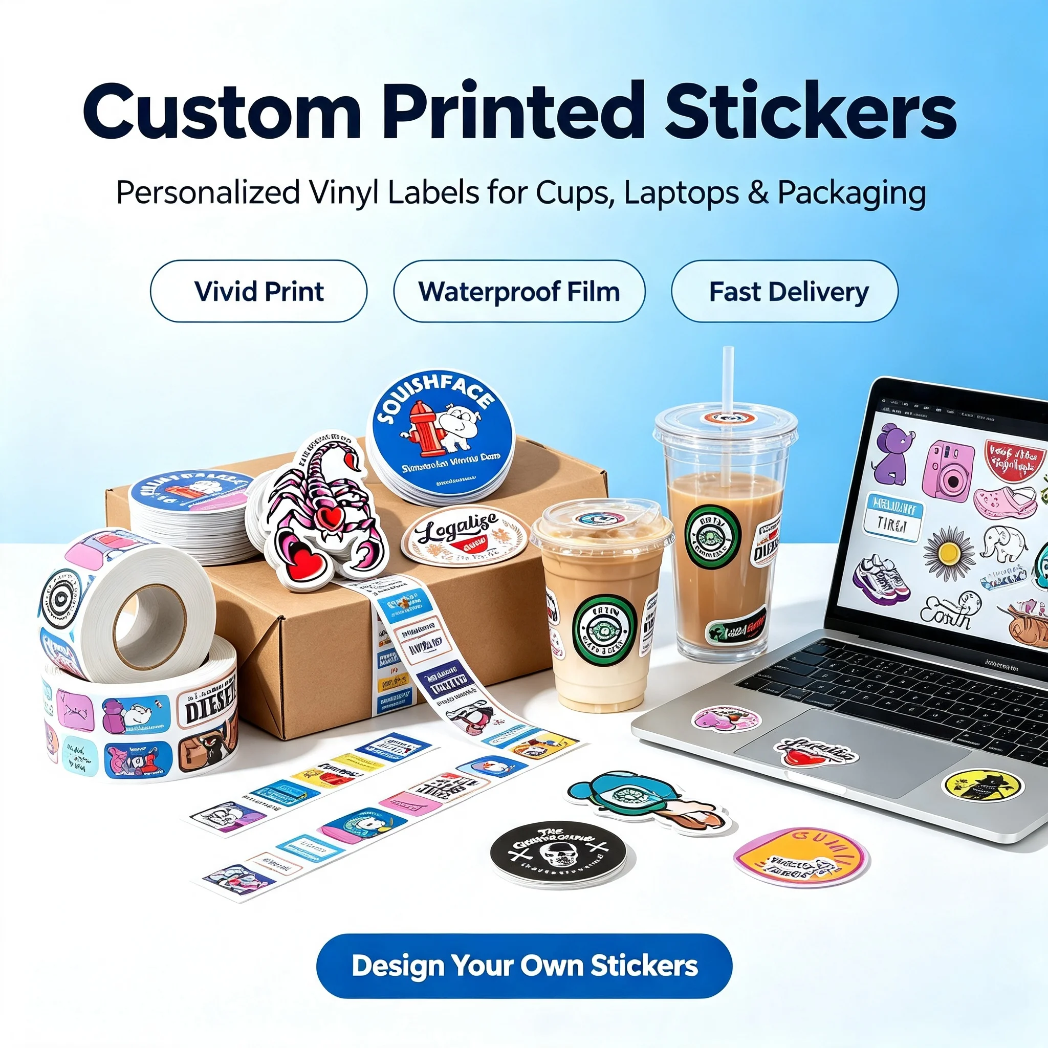 Custom Vinyl Stickers Waterproof Strong Adhesive Personalized Decals for Bottle Laptop Packaging Business Brand DIY Logo Customi
