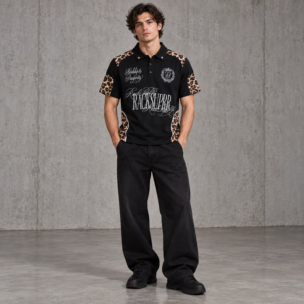 Men's Black Leopard Panel Graphic Short Sleeve Polo Shirt Relaxed European American Streetwear Top
