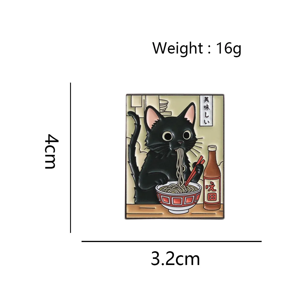 Funny Japanese Ramen Black Cat Enamel Pin Cute Animal Eating Noodles Brooch Anime Lapel Badges for Women Men Gift for Backpack