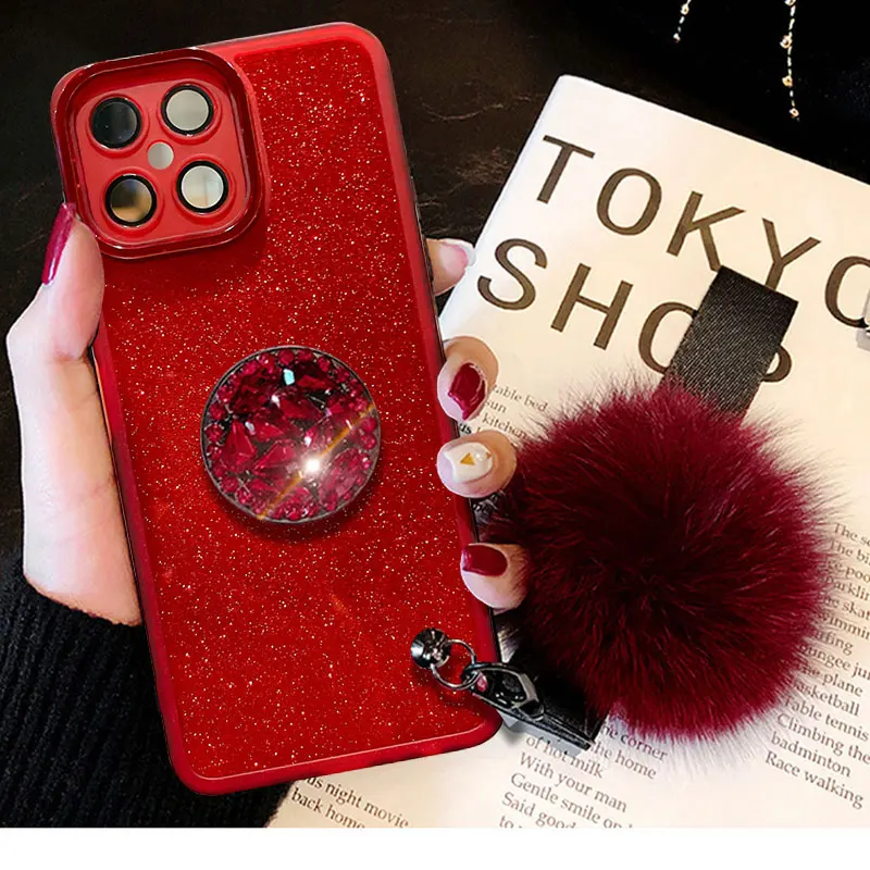 HonorX8 Glitter fur Ball Case,For Honor X8 2022 X6 X6s X7 X9 X7a X8a X5 Case Luxury Holder Cover X 8 Lanyard Shockproof Coque