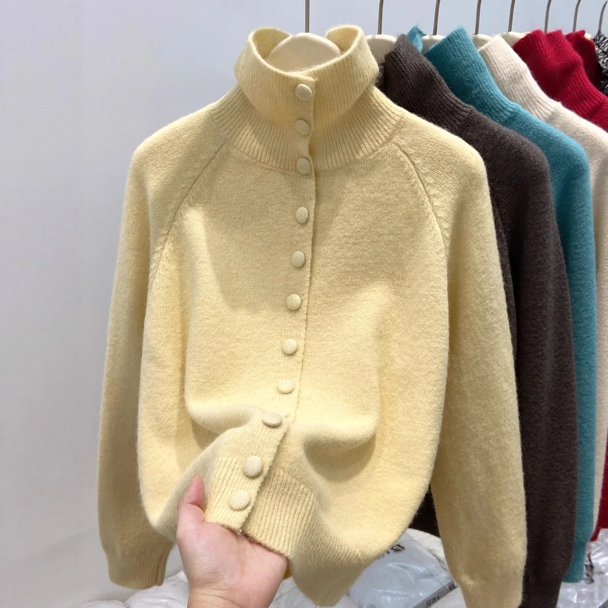 

Spring and Autumn New High Collar Single Breasted Knitted Cardigan Sweater Women's Loose Top Coat
