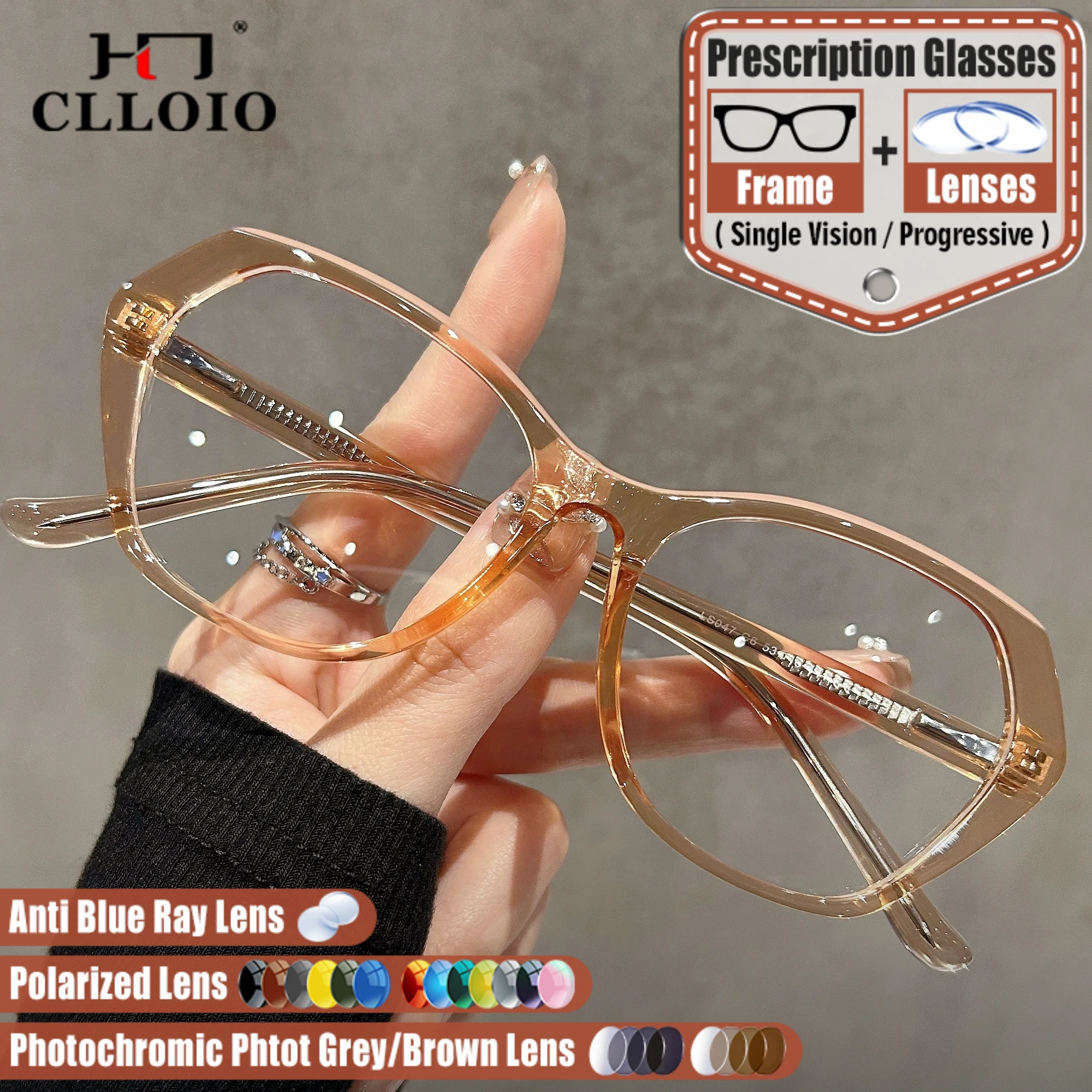 

CLLOIO Fashion Progressive Prescription Glasses Women Retro Polygonal Optical Myopia Eyeware Photochromic Protection Eyeglasses