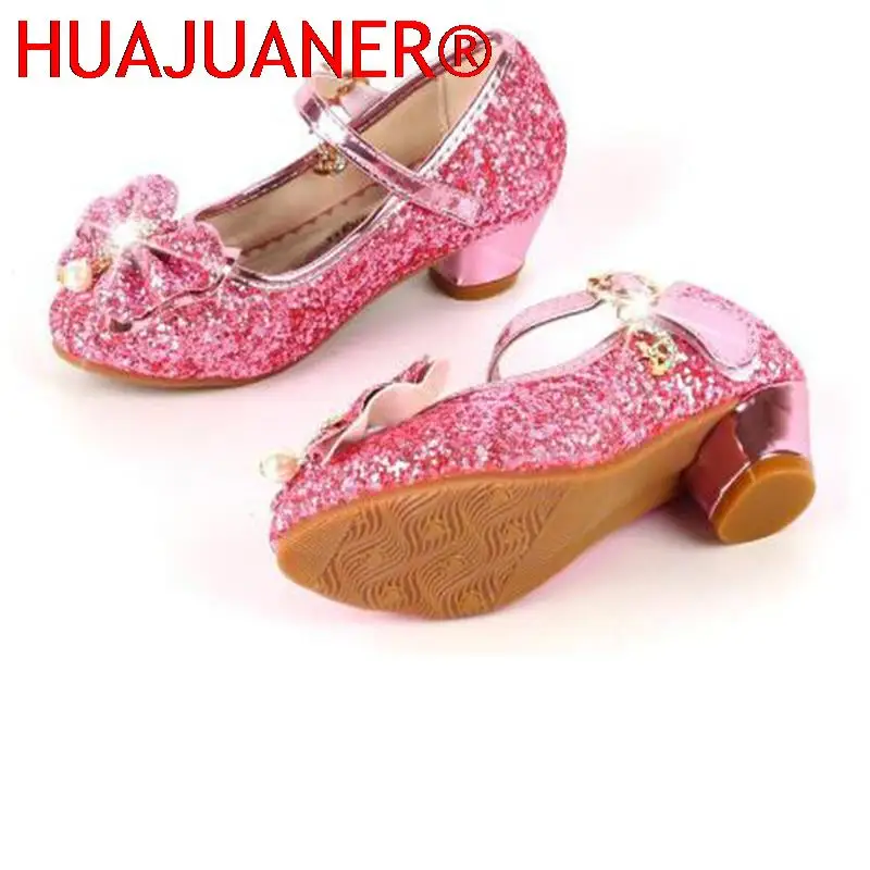 Princess Kids Leather Shoes For Girls Flower Casual Glitter Children High Heel Girls Shoes Butterfly Knot Blue Pink Silver