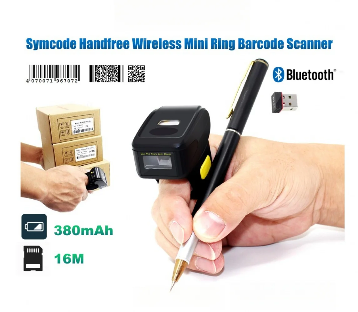Wearable Finger Ring QR Code Scanner, Mini Portable 2D Wireless Barcode Scanner Handheld Reader for Phone