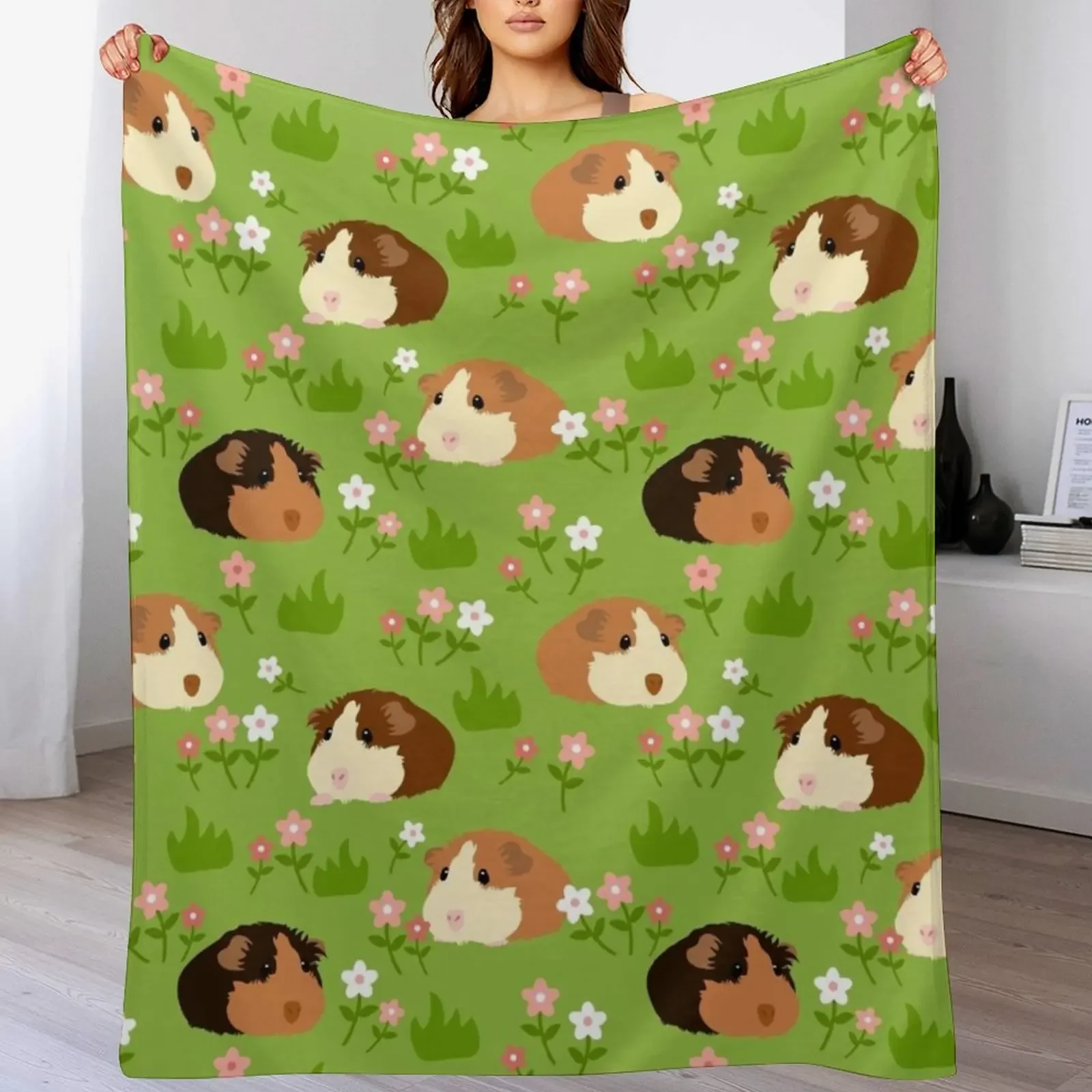 Guinea Pig and Flowers - Green Throw Blanket Soft Cozy Blanket for Pet Kids Adults