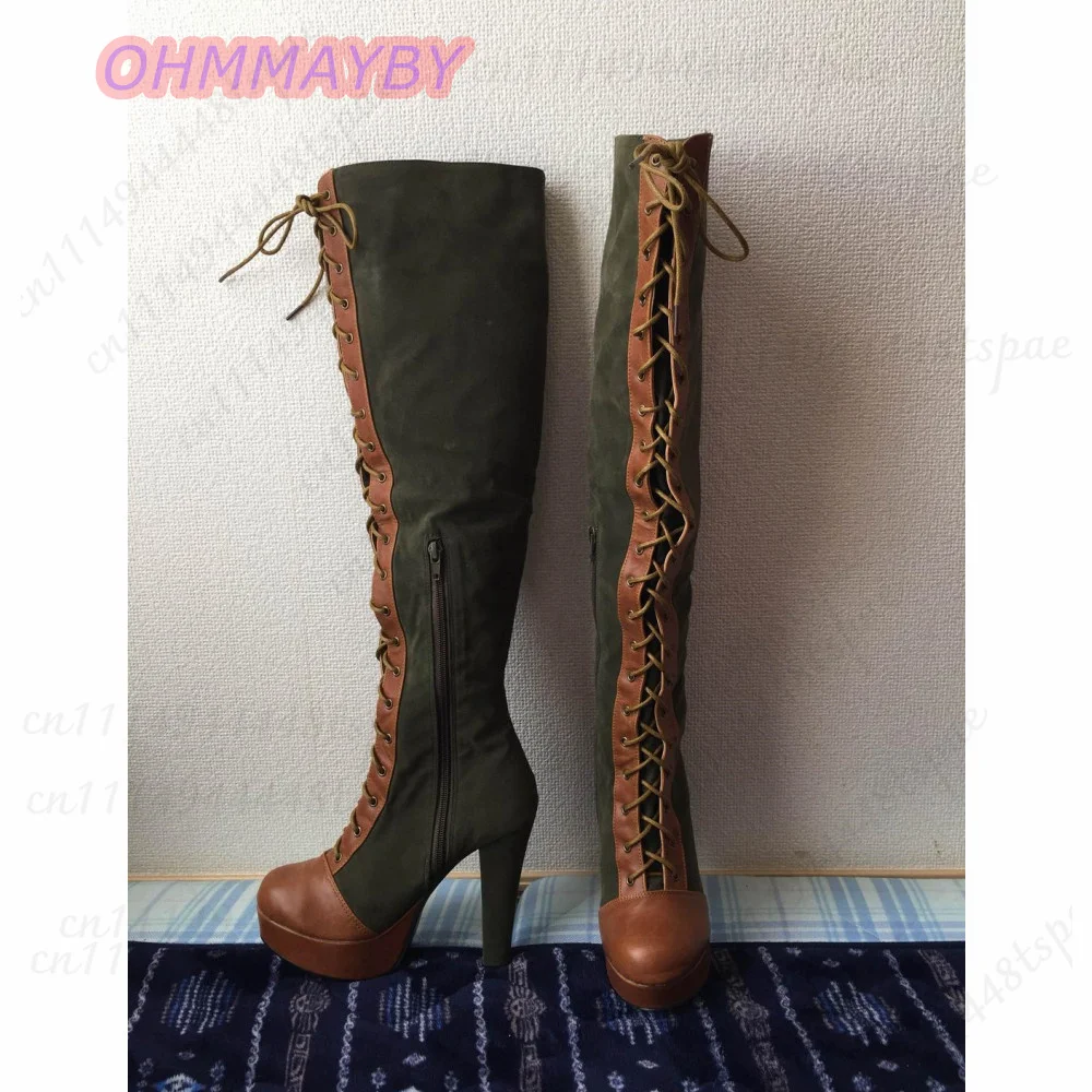 Botas altas hasta la rodilla para mujer, en color verde oliva y marrón, con cordones en la parte delantera, cremallera lateral, plataforma, tacón alto, punta redonda y diseño bicolor, ideales para fiestas y eventos de cosplay.