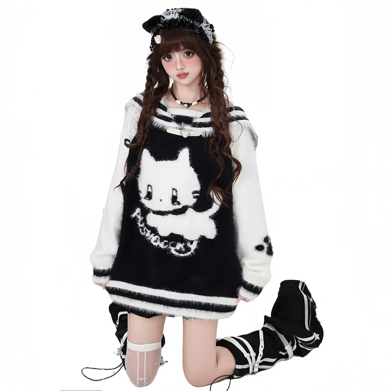 

MEXZT Y2K свитер с героями мультфильмов, женский кавайный вязаный пуловер с матросским воротником, японский Harajuku, норковый кашемировый трикотаж, зимние джемперы