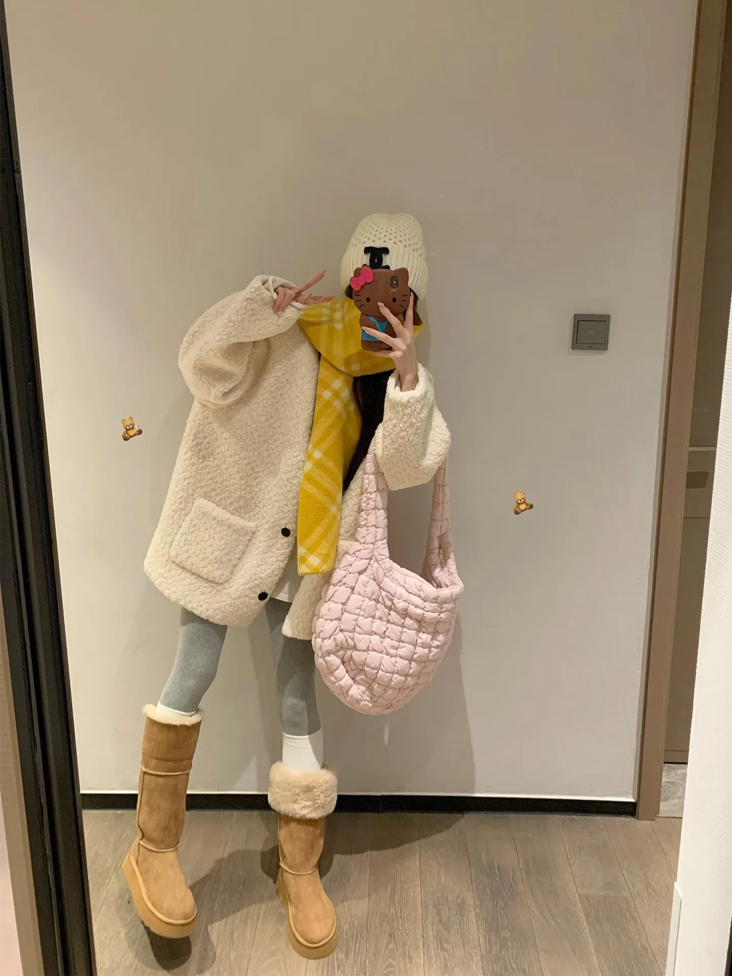 

Thiened Lamb Fur Jaet Women's Cute Bear Candy Outerwear Warm Inteated Leather Fur Coat Autumn Season Long Sve Button