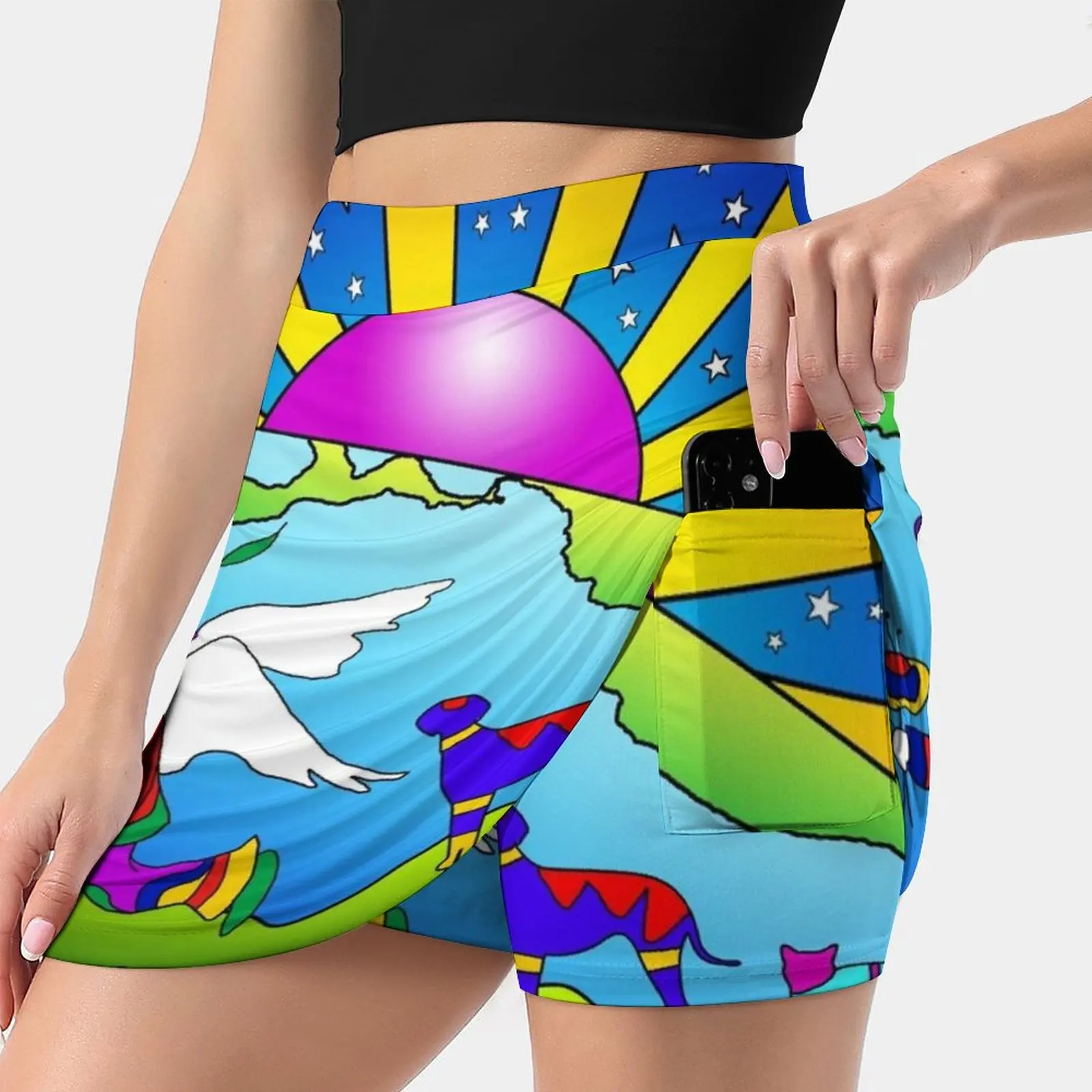 

Cosmic Pet World Women's skirt Mini Skirts A Line Skirt With Hide Pocket 2012 Peter Max 1960S Hippies Sun Rays Stars Angel Wild