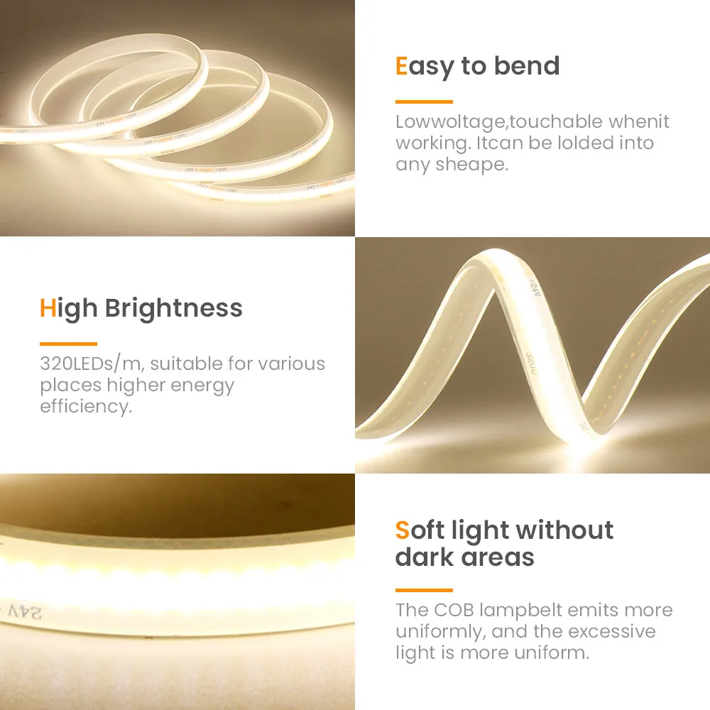 IP68 Waterproof COB Led Strip Light 12V 24V Flexible LED Tape with Adhesive 320LED/m RA90 High Density Liner Lighting for Home