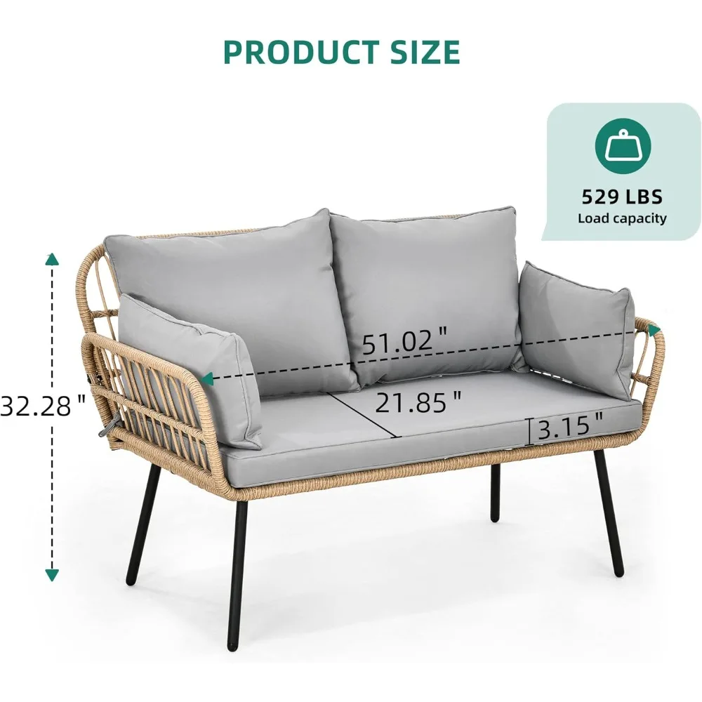 مقعد فناء خارجي من الخيزران مناسب لجميع الأحوال الجوية مع وسائد ووسائد قطنية، طقم أريكة بمقعدين #2