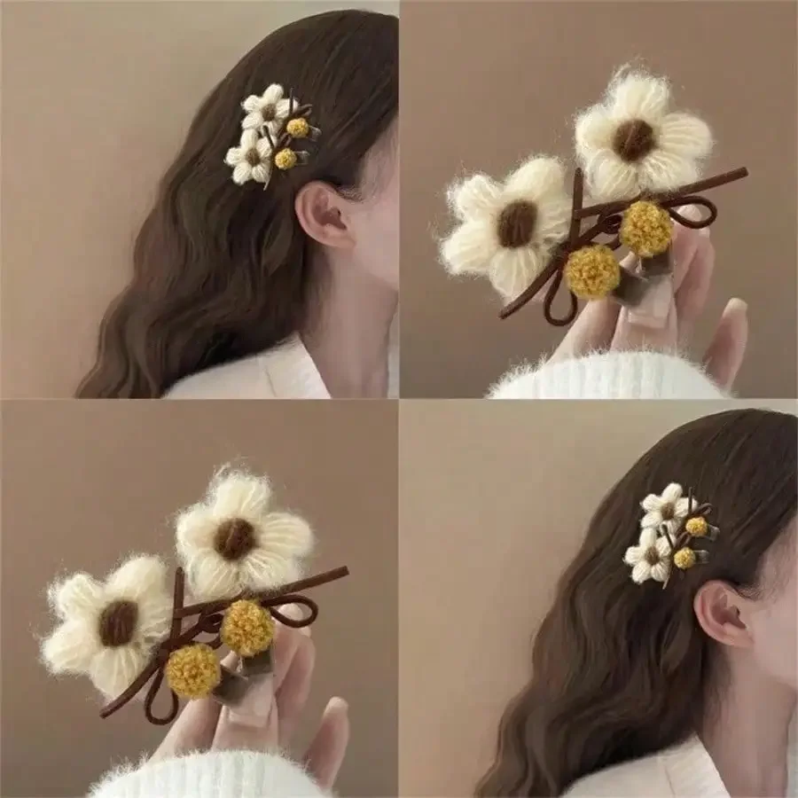 

2PC Women Plush Flower Hair Clips Cute Heart Shape Bangs Hairpins Sweet Daily Hair Accessories for Girls