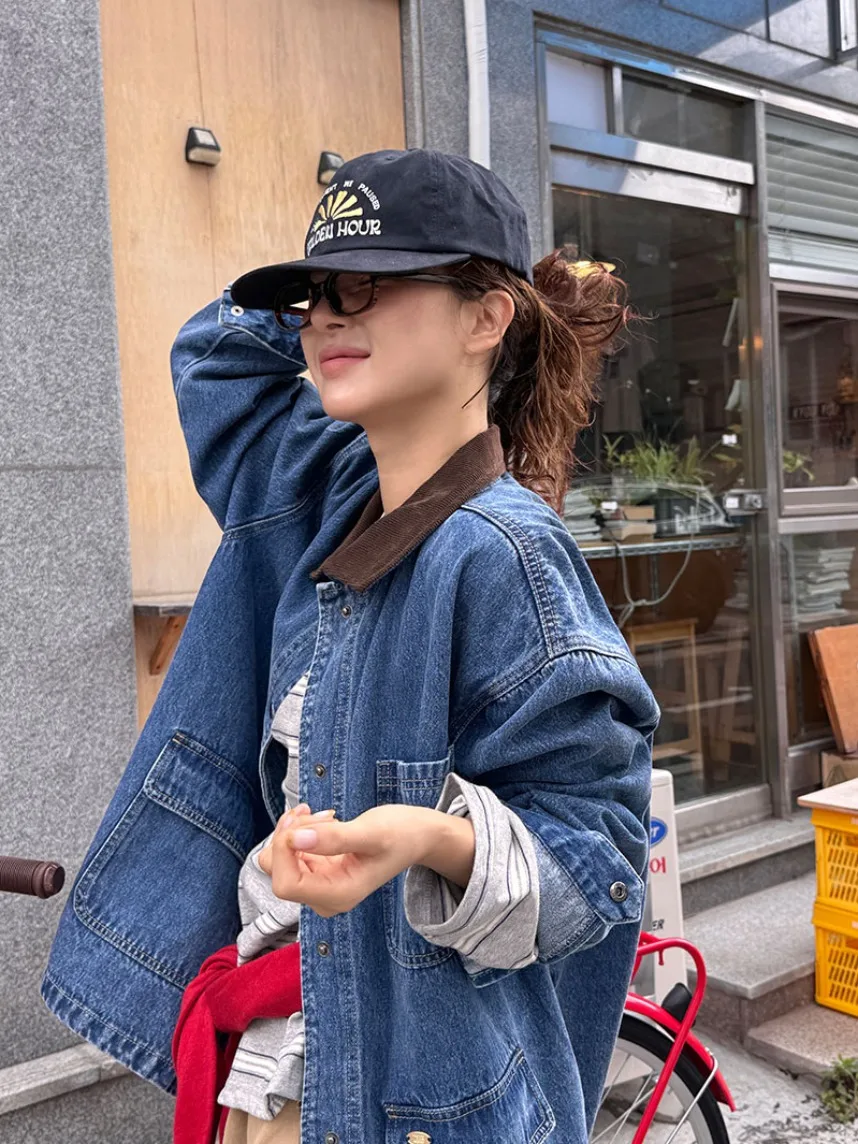 

Retro Hong Kong Sle Loose Long Sve Collared Denim Jaet for Women Chic Autumn New Arrival Velvet Color Blo ket Design