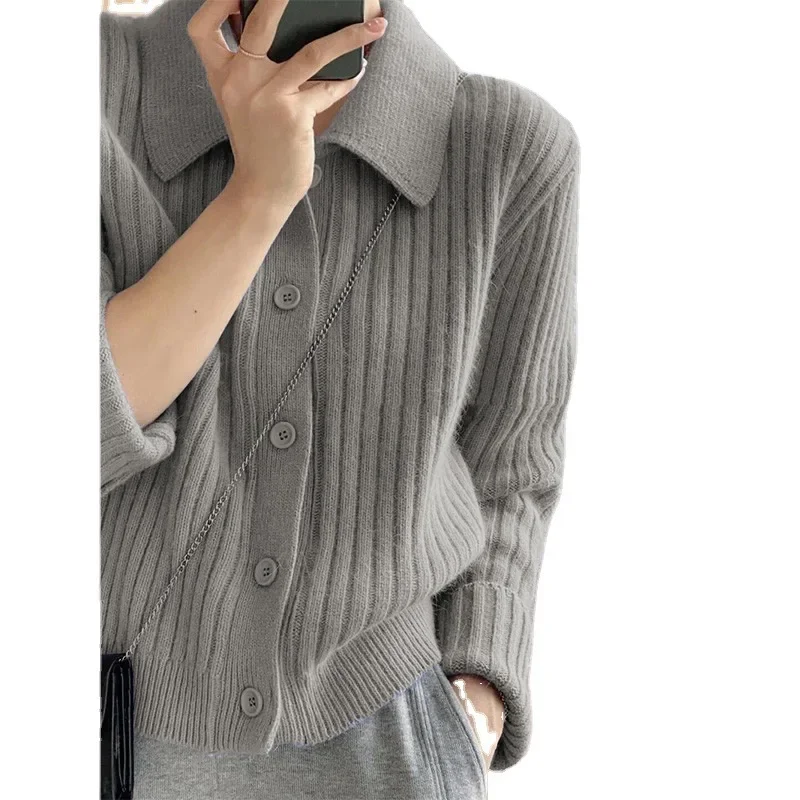 Sheep Wool Polo Neck Sweater Women's Autumn Winter Exterior Design Sense Niche Lazy Knitted Cardigan Jacket