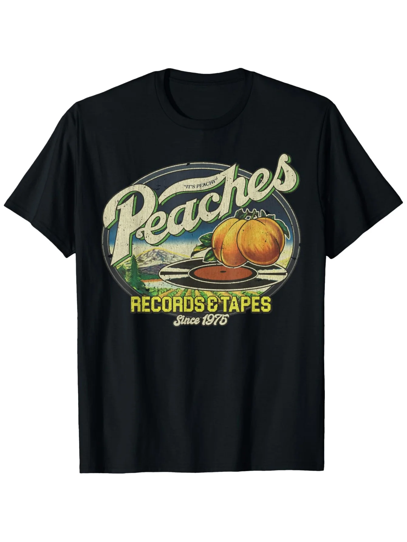 Vintage Peaches Records & Tapes 1975 Graphic T-Shirt 100% Cotton O-Neck Short Sleeve Summer Casual Mens T-shirt Streetwear