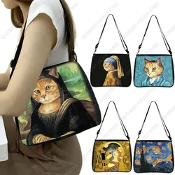 Funny Cat Cosplay Mona Lisa Messenger Bag Women Handbag Canvas Underarm Shoulder Bags Van goghStarry Sky Crossbody Bags Gift